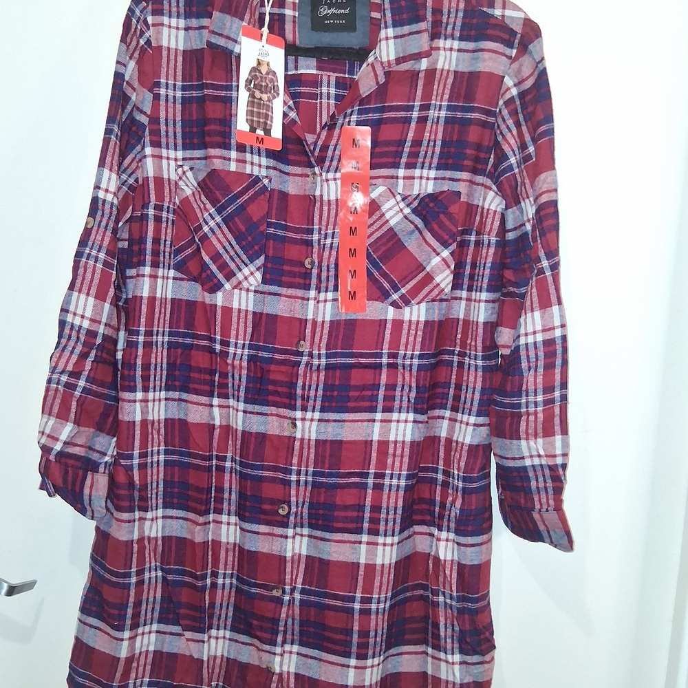 Plaid Button-Up Shirtdress in Red and Blue